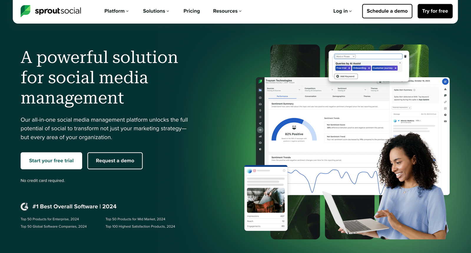 A social media management platform interface showcasing analytics and engagement tools with a user on a laptop.